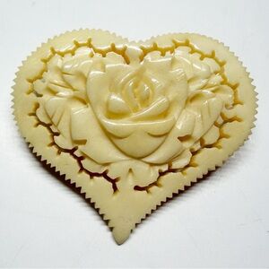 Vintage Celluloid Carved Floral Rose Heart Brooch